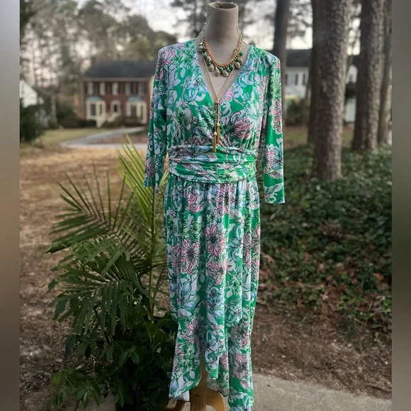 Lilly Pulitzer  Moana 34 Sleeve Maxi Dress, Spearmint Blossom, XL, EUC